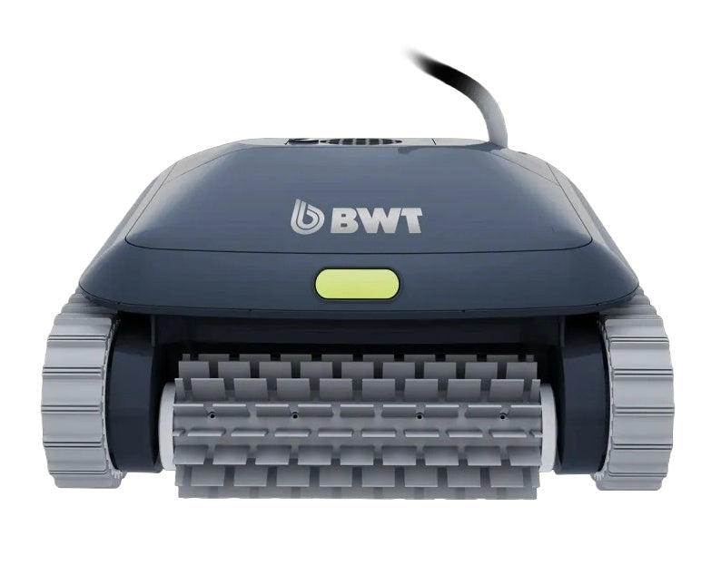 This image shows what the front looks like of this pool robot. You can see the wheels on both sides and the bristles at the front.