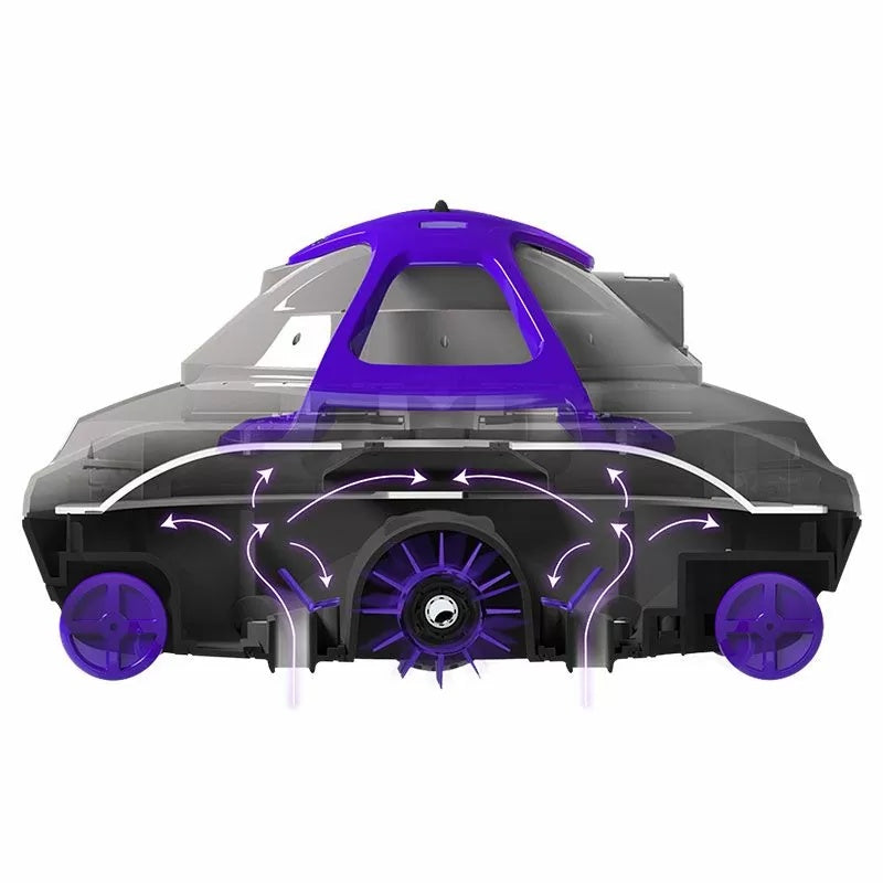This image shows the robotic pool cleaner on a white background from a different angle.