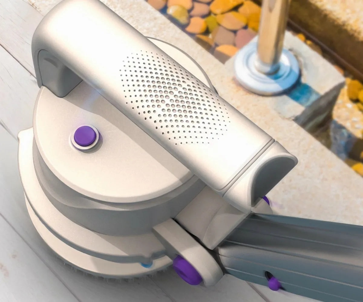 This image shows the electric scrubber from the top, focusing on the handle.