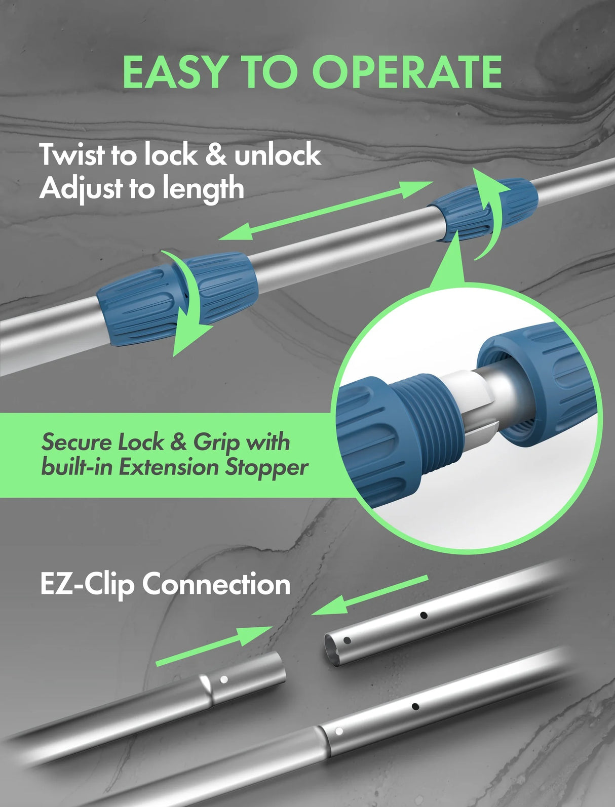 This image reads "This pole is easy to operate. Twist to lock and unlock, adjust to length. Secure Lock & Grip with built-in extension stopper with EZ-clip connection."