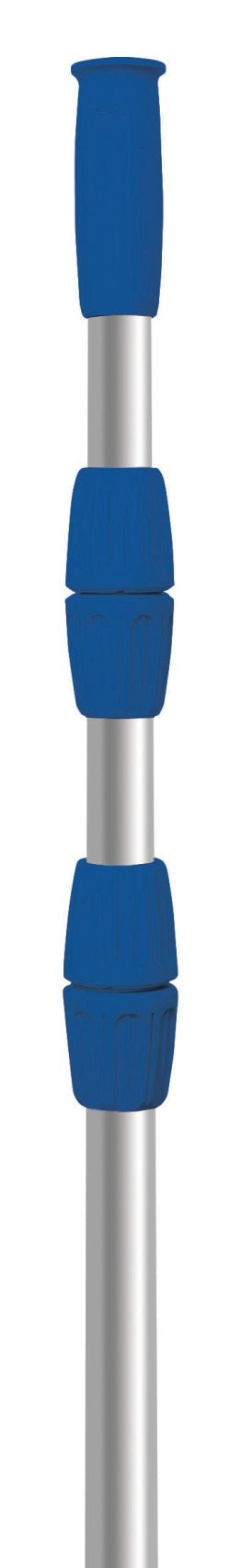 This image shows what this telescopic pole looks like on a white background. The pole is a shiny silver color. There are three sections on the pole that are blue.