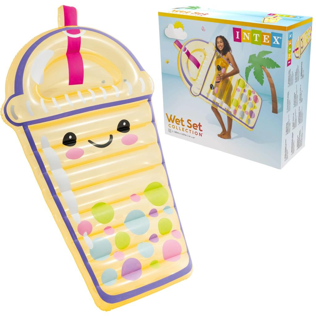 This image shows the pool float and the box it comes in on a white background.
