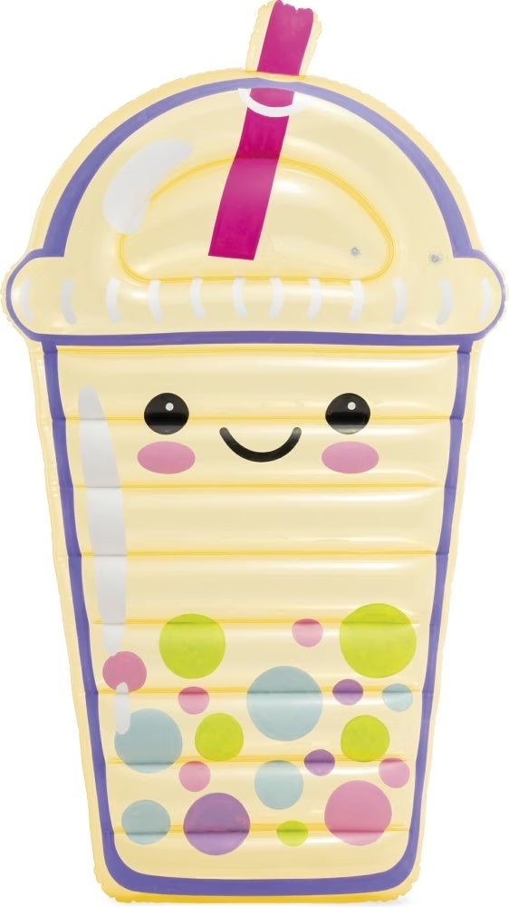 This image shows the inflatable pool float on a white background. It is shaped like a boba drink. It's a see-through yellow color with a pink straw, a purple outline, a cute smiley face and multi-colored boba tapioca balls.