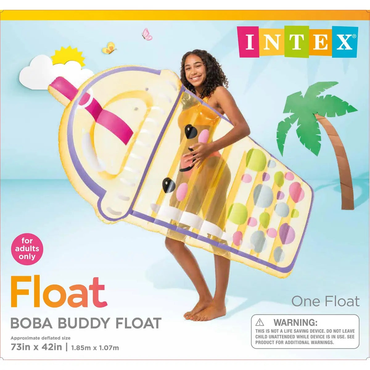 This image shows what the packaging looks like for this boba buddy pool float.
