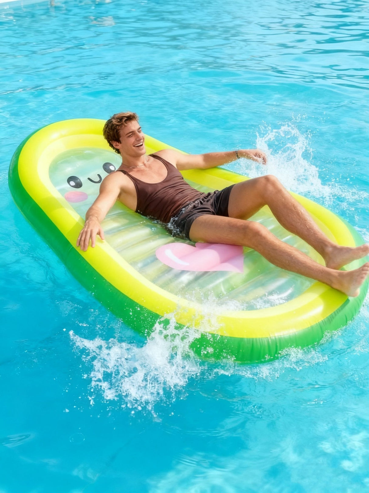 This is a lifestyle image showing a man laying on the pool float in a pool.