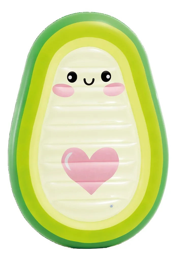 This image shows the pool float on a white background. It's designed to look like an avocado with a cute smiling face and a heart where the pit should be.