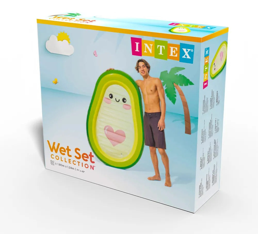 This image shows the packaging that this avocado pool float comes in. It reads "Intex Wet Set Collection."