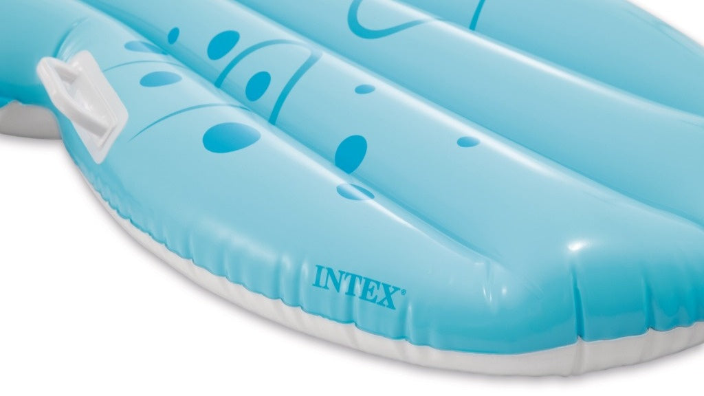This is an up close view of the bottom of the pool float. It reads "Intex" and you can see one of the white handles.