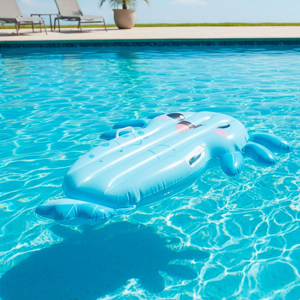 This is a lifestyle image showing the axolotl pool inflatable floating on the surface of a pool.