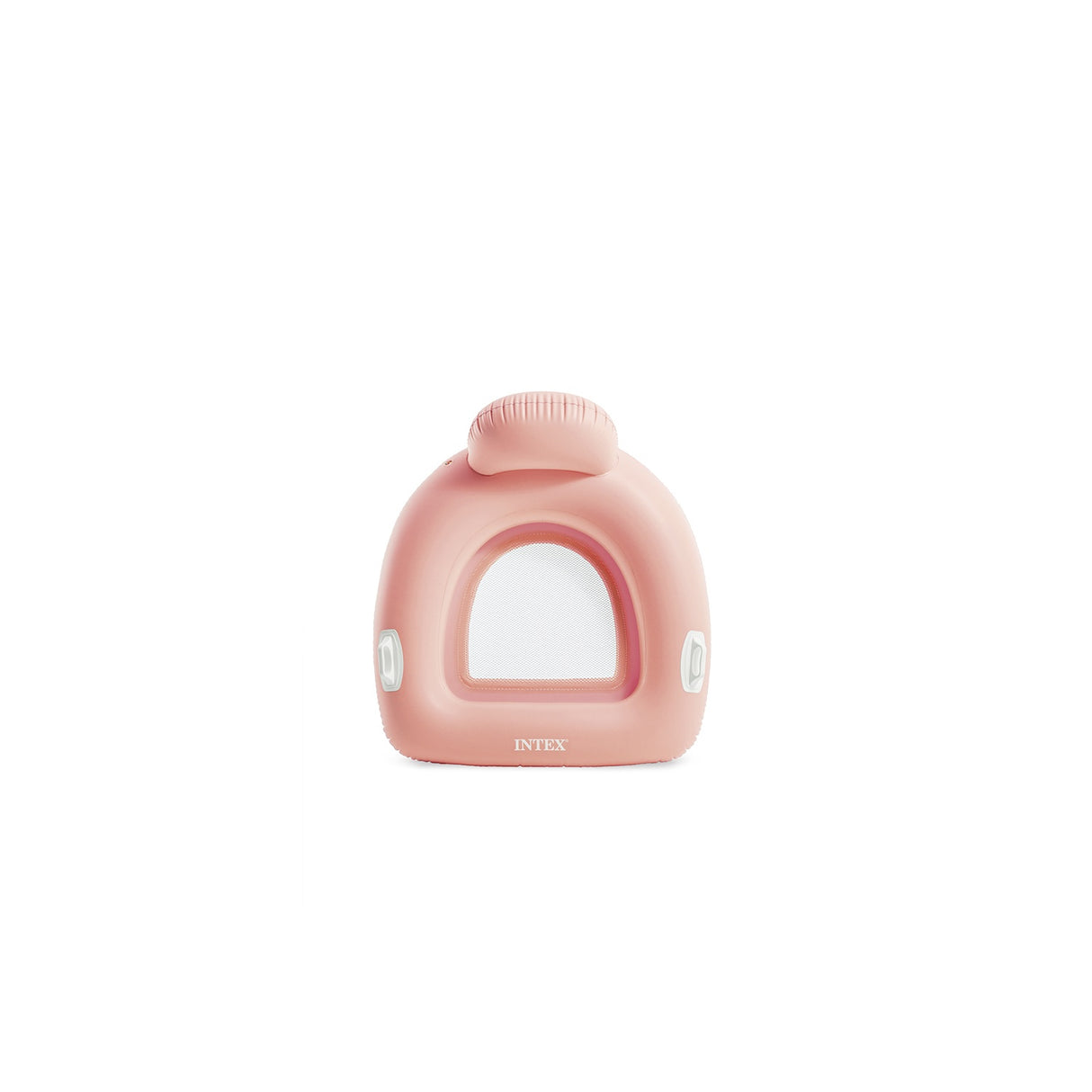 This image shows the light pink inflatable pool chair on a white background. The handles and mesh bottom are both white.