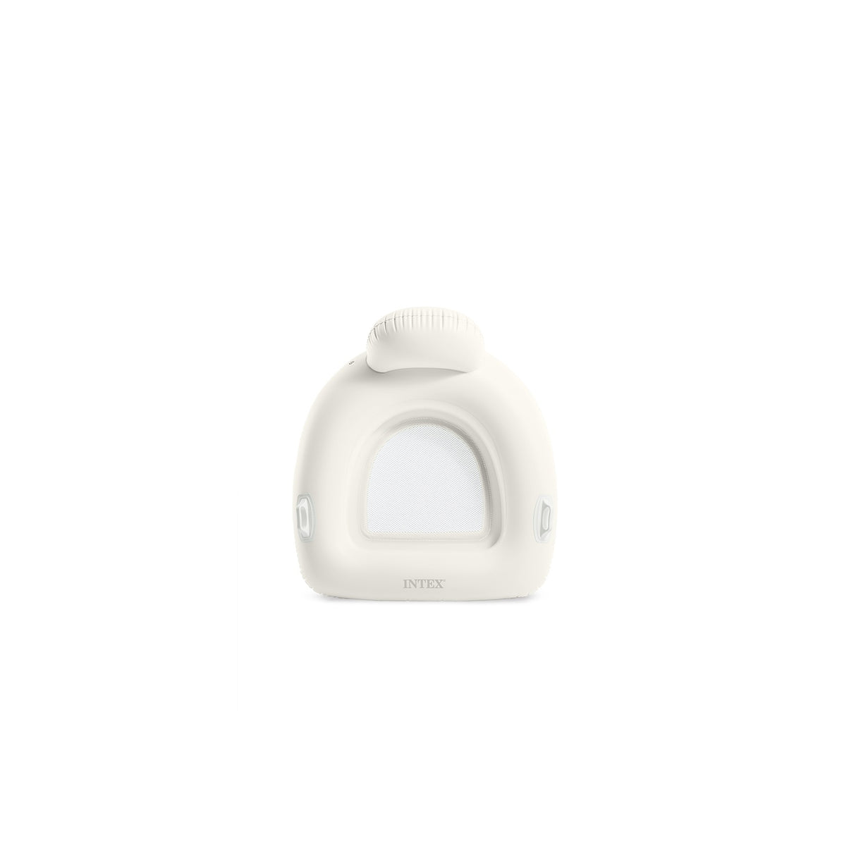 This image shows the white inflatable pool chair on a white background. The headrest, handles and mesh bottom are all white.