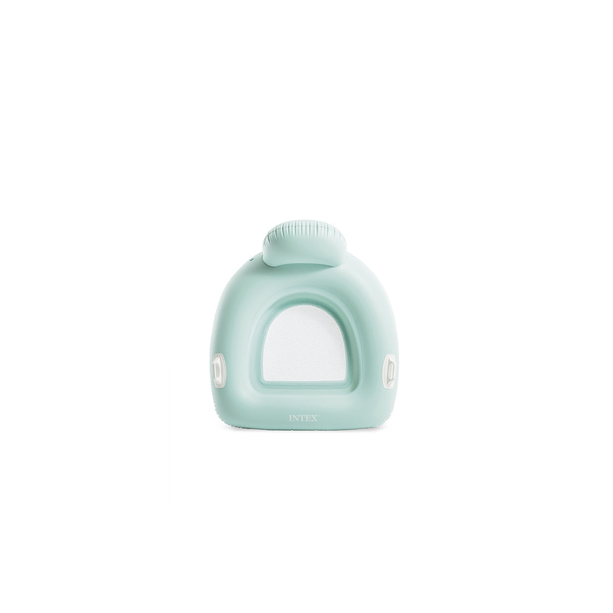 This image shows the light blue inflatable pool chair on a white background. The handles and mesh bottom are both white.