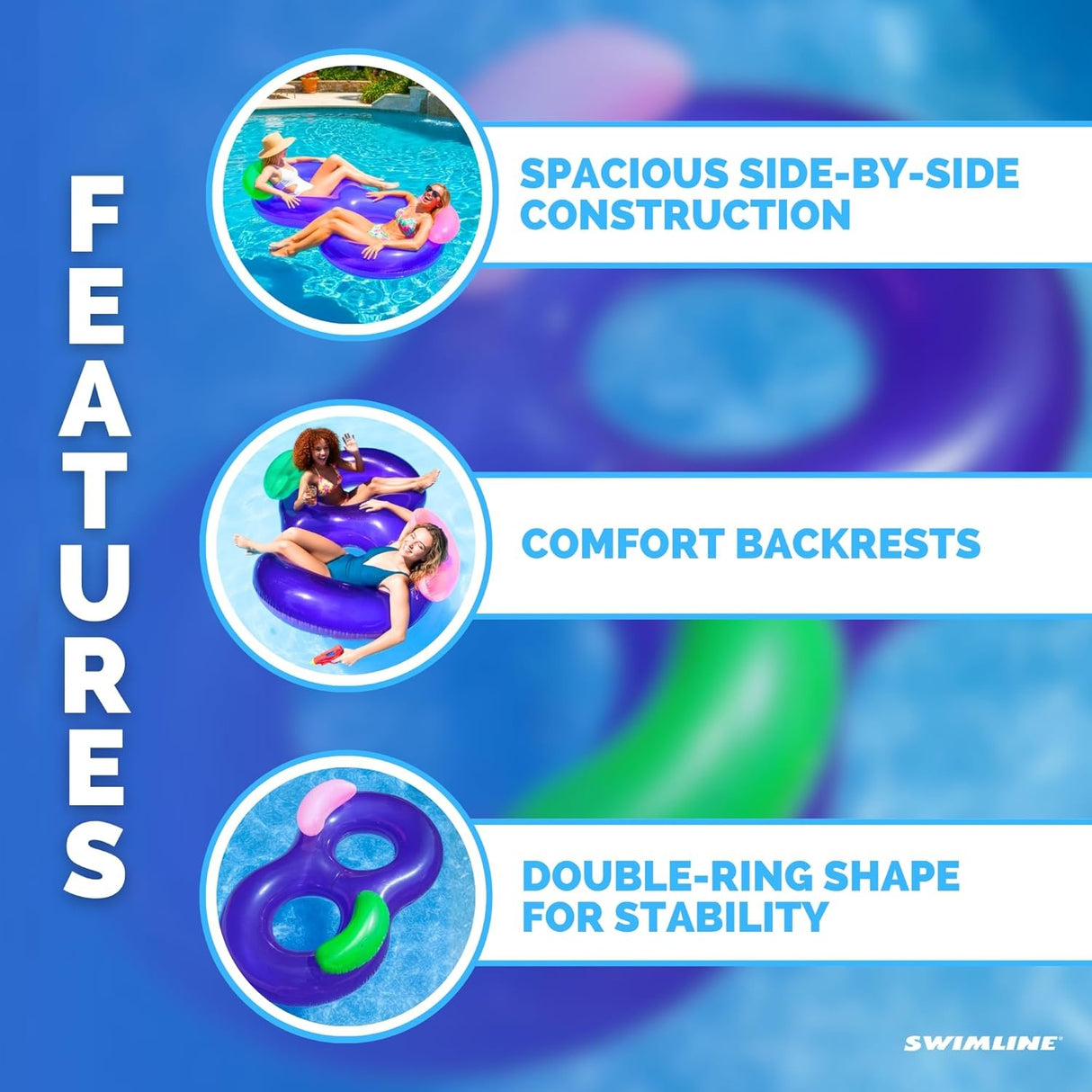 This image reads "Features: spacious side-by-side construction, comfort backrests and double-ring shape for stability."