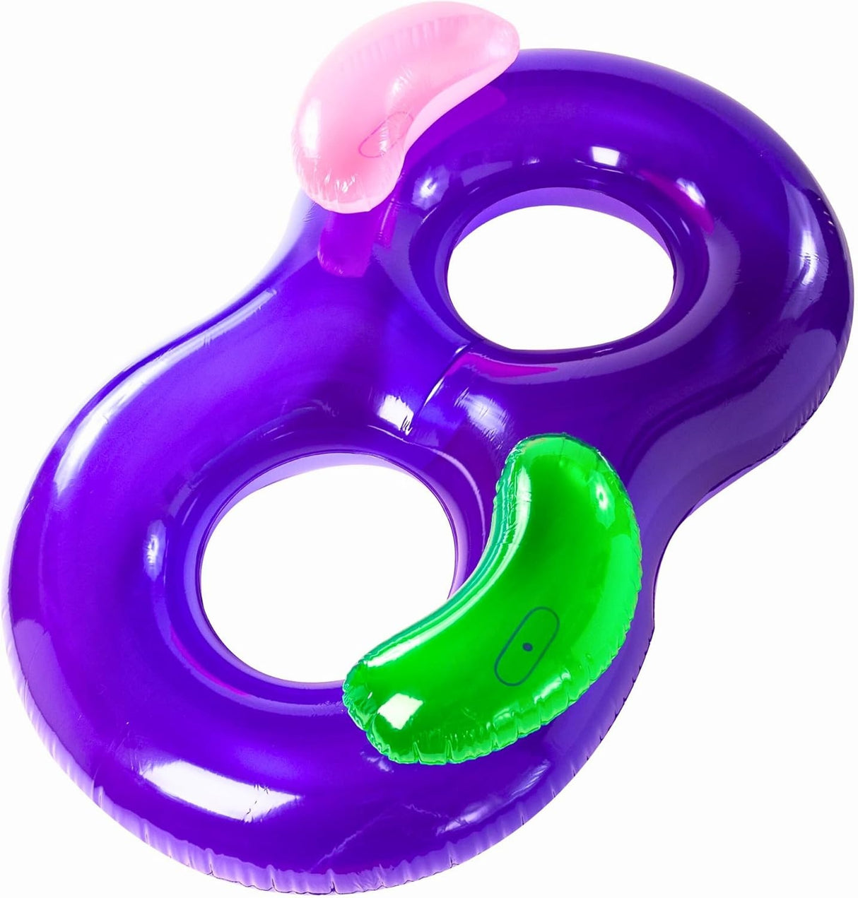 This image shows the inflatable side by side pool lounger on a white background. The lounge is purple. The lounge has two back rests: one is pink and one is lime green.