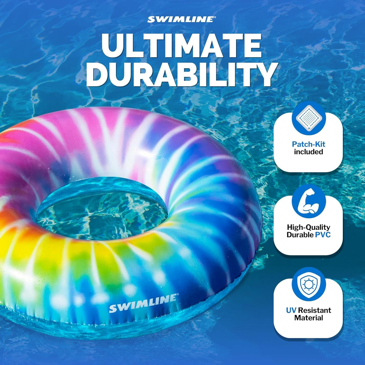This image reads "Swimline Ultimate Durability. Patch-kit included, high-quality durable PVC and UV-resistant material." It also shows the swim ring floating on top of water.