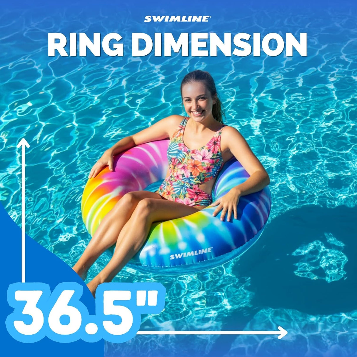 This image reads "Swimline Ring Dimension: 36.5 inches wide." It shows a young girl sitting inside the swim ring while floating in a pool.