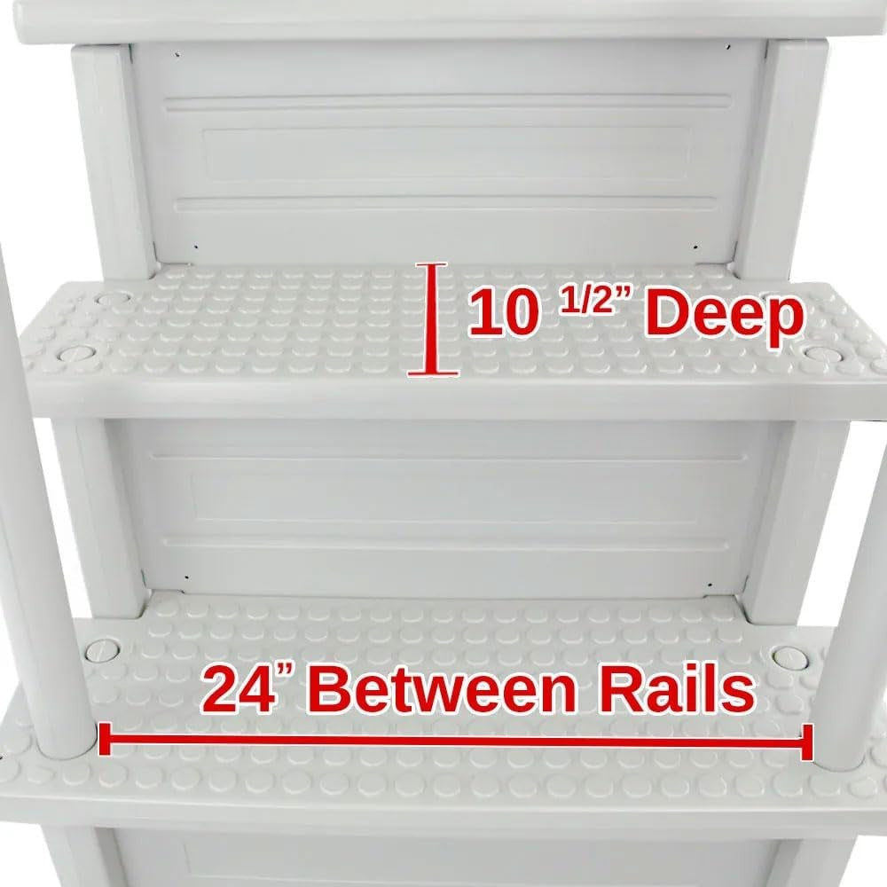 This image shows how large the treads are on the steps. The steps themselves are 10 and a half inches deep and there's 24 inches between the rails.
