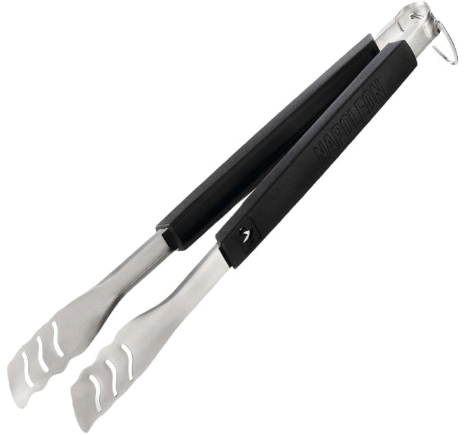 An up close view of this pair of Napoleon tongs. The handles are black and at the top, features the Napoleon "fire" logo and at the bottom, it reads "NAPOLEON." The head of the tongs are stainless steel silver with three slightly wavy cut out lines on each. There's also a stainless steel hook at the end of the handle.