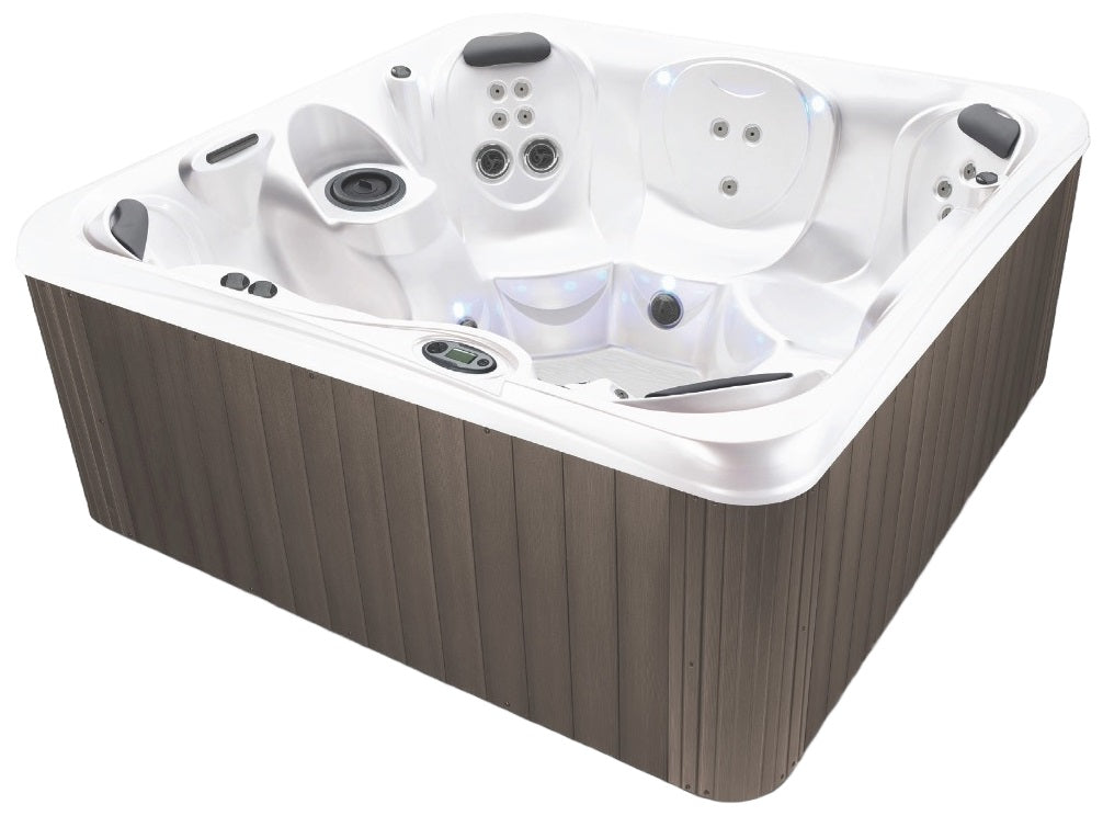 This is a picture of this hot tub from the side so you can see the shell of the tub as well as some of the seats inside.