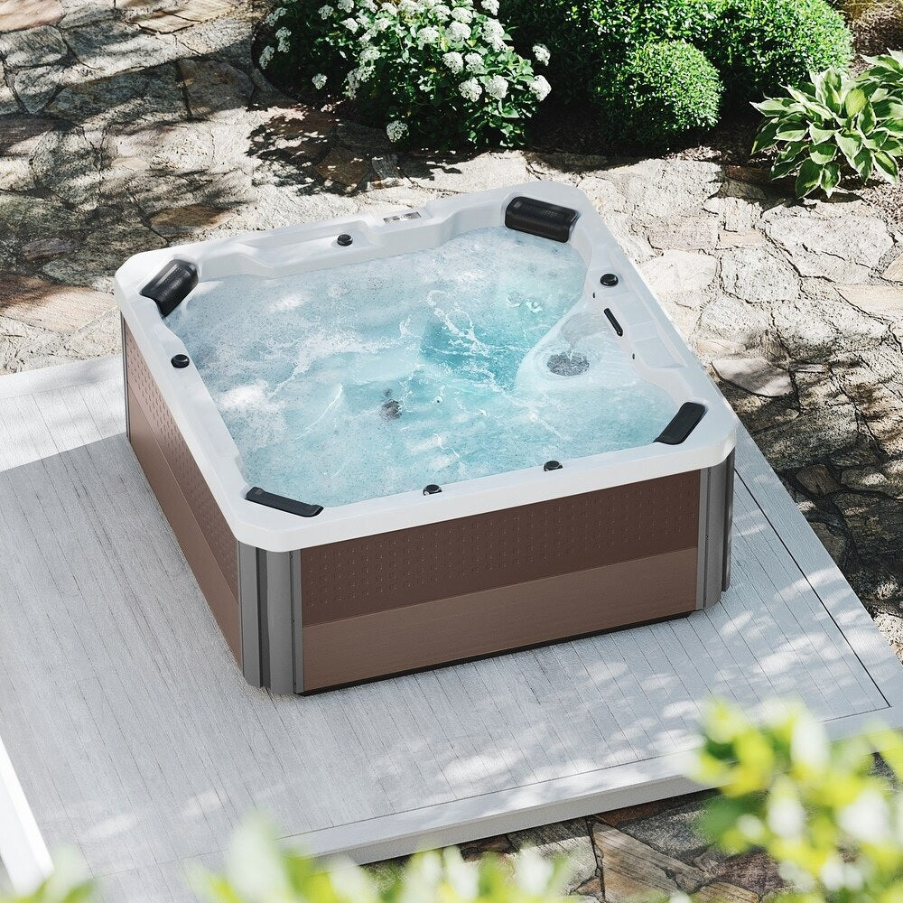 This is a lifestyle image taken from above of a filled hot tub.