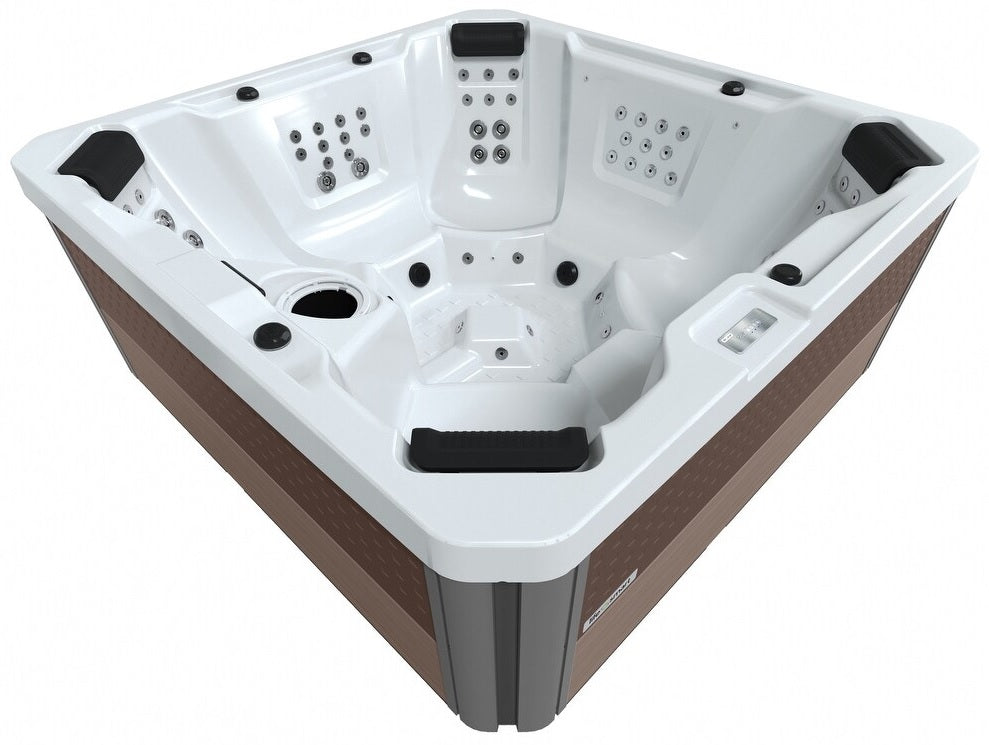 A square-shaped hot tub that seats 7 people. This image is taken from above so you can see inside.