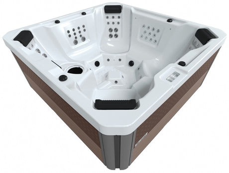 A square-shaped hot tub that seats 7 people. This image is taken from above so you can see inside.