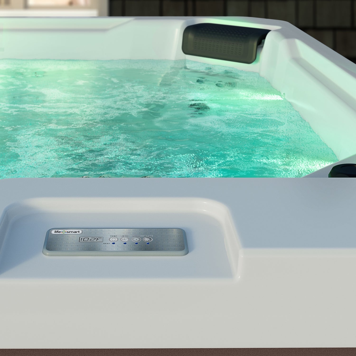 This is an up close view of the control panel on the side of this filled hot tub.