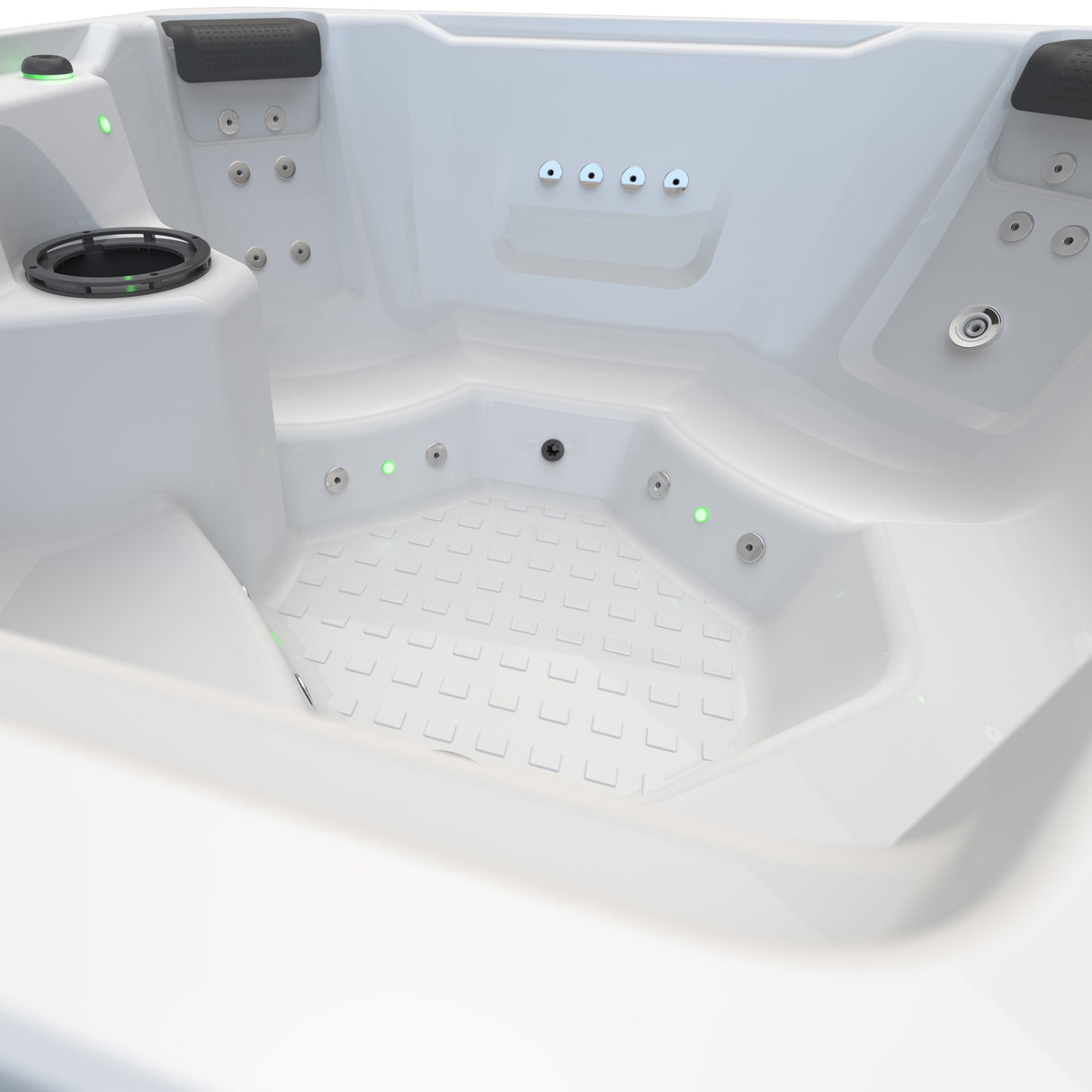 This is an up close view of the bottom of he hot tub so you can see the footwell and some of the seats.