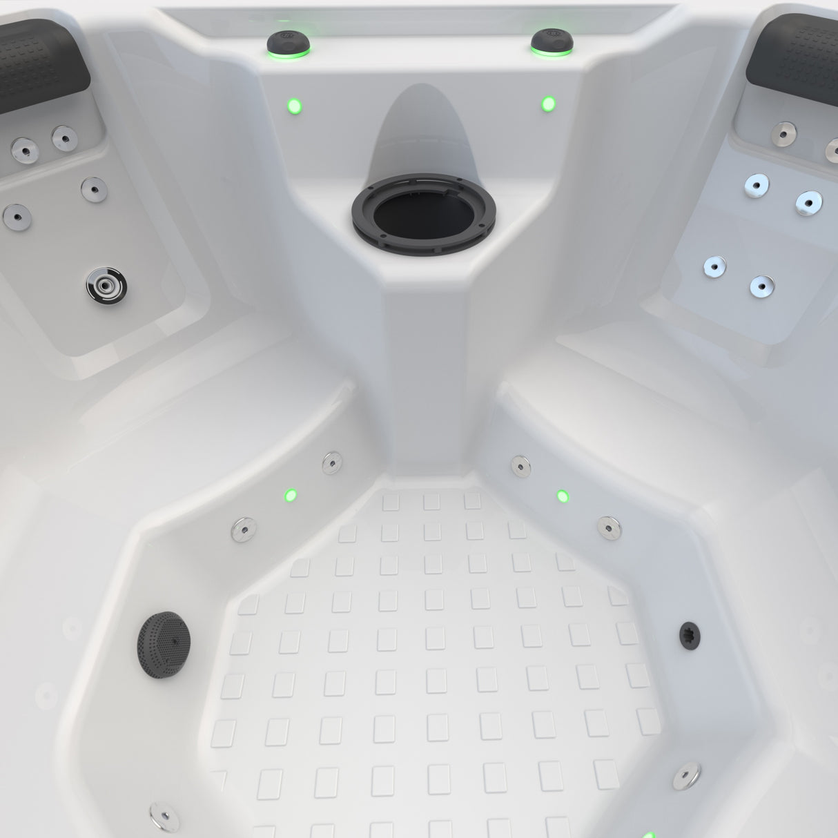 This is an up close view of the bottom of the hot tub so you can see the jets and some of the seats.