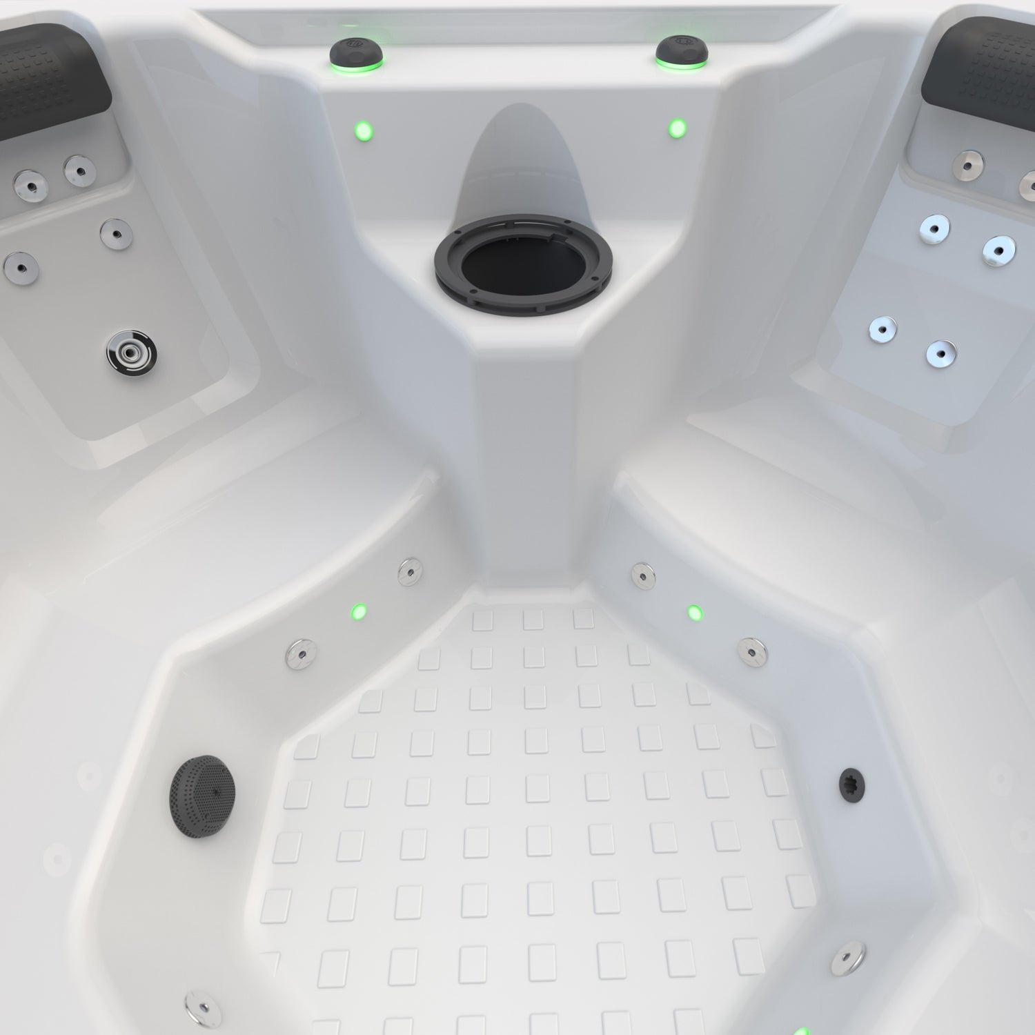 This is an up close view of the bottom of the hot tub so you can see the jets and some of the seats.