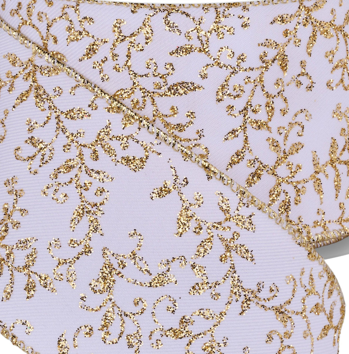 This is an up close view of the white ribbon and gold swirl leaf design.