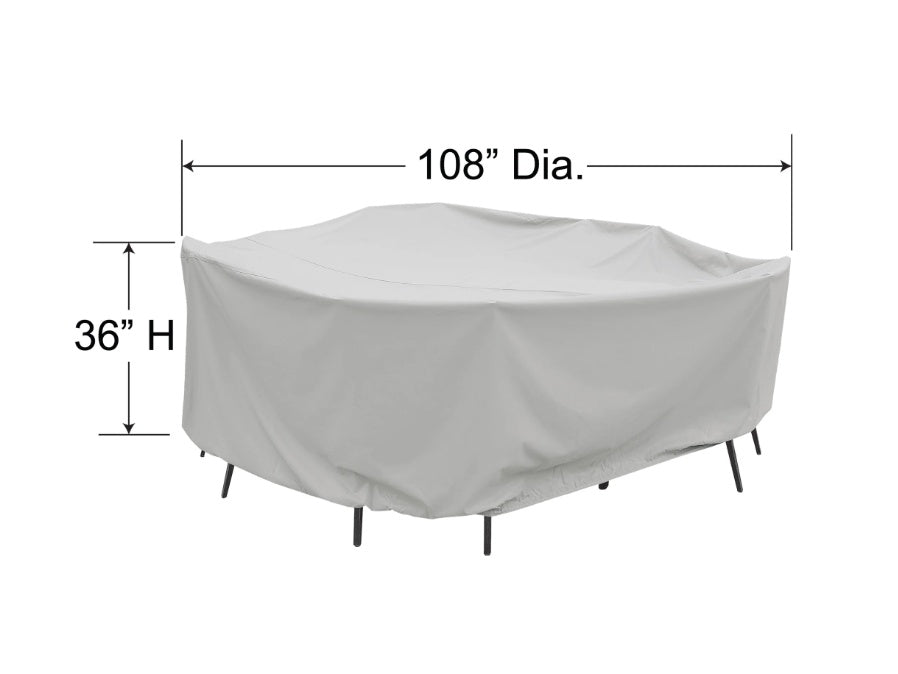 This image shows the dimensions of this specific furniture cover. It is 108 inches in diameter and 36 inches tall.