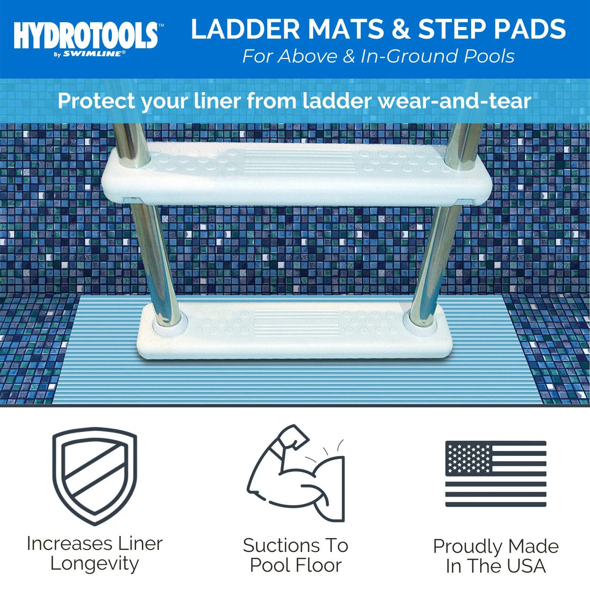 This is a lifestyle image showing the pool ladder mat underneath a pool ladder. The picture reads "HydroTools by Swimline. Ladder Mats & Step Pads. For above and in-ground pools. Protect your liner from ladder wear-and-tear. Increases liner longevity. Suctions to pool floor. Proudly made in the USA."