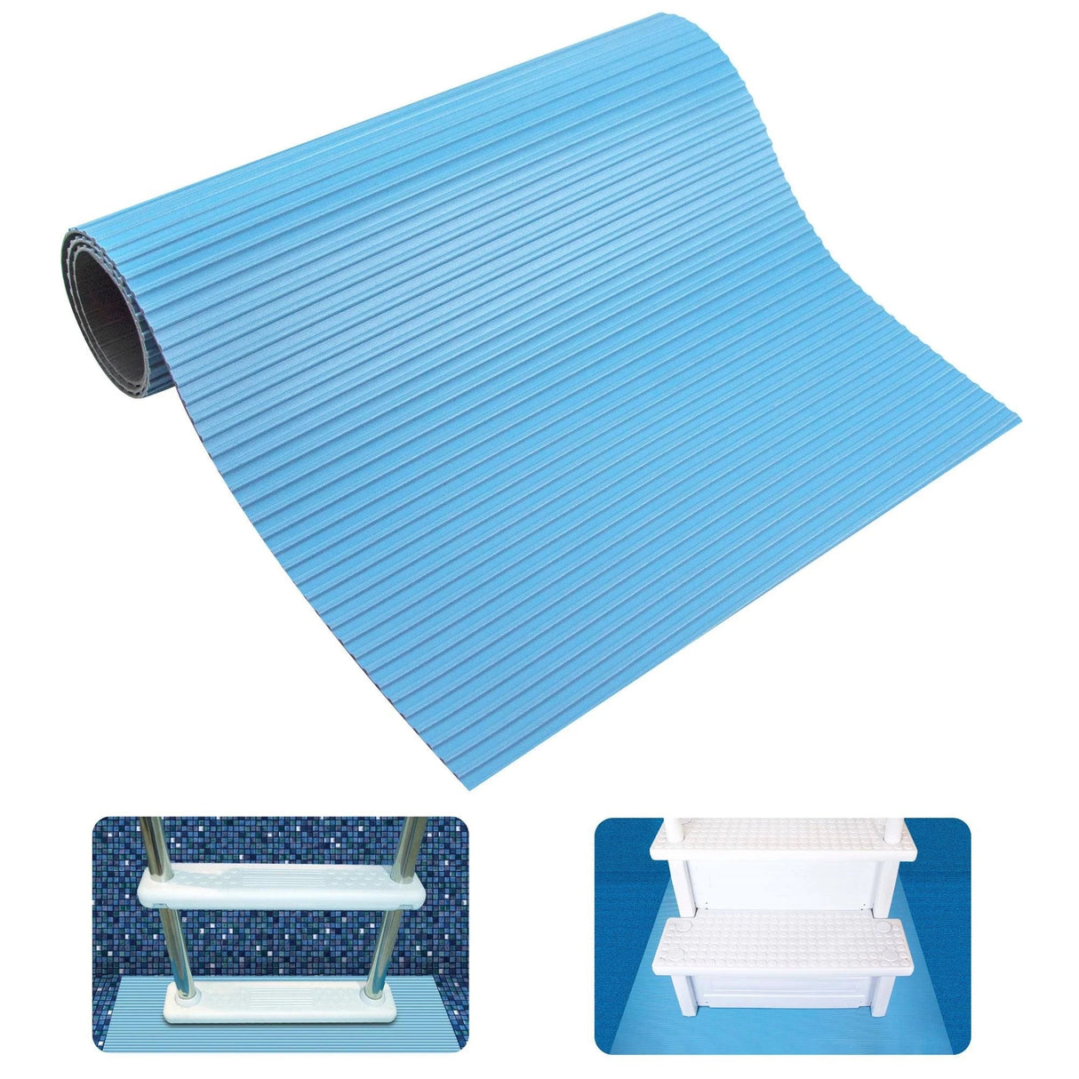 This image shows the light blue color pool ladder mat on a white background, as well as what it would look like underneath two different ladders.