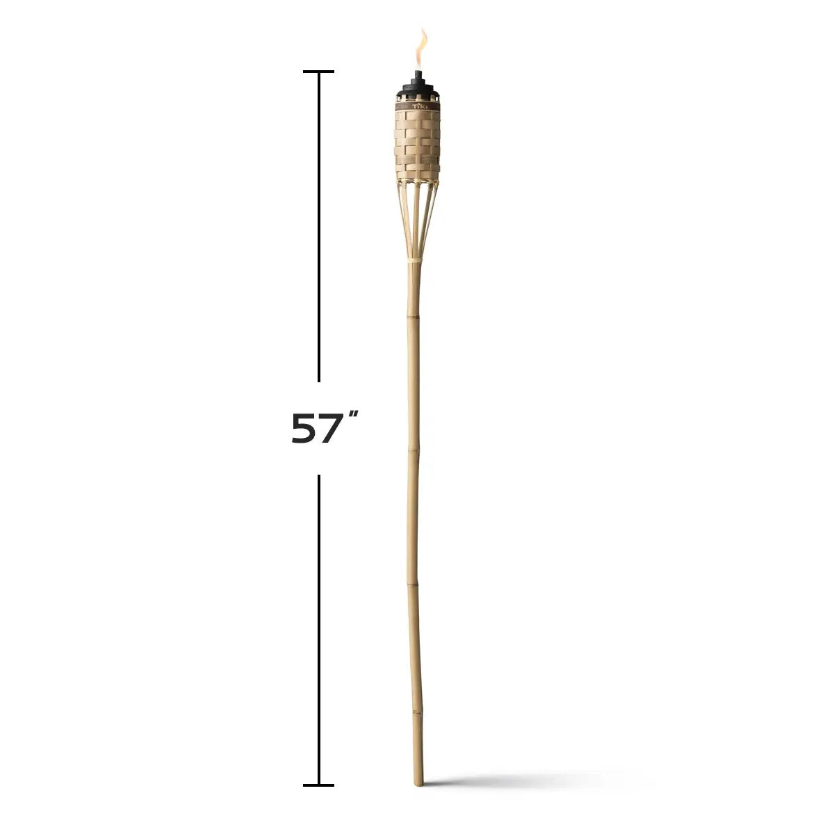 This image shows the tiki torch on a white background. It shows a ruler and indicates that this tiki torch is 57 inches tall.