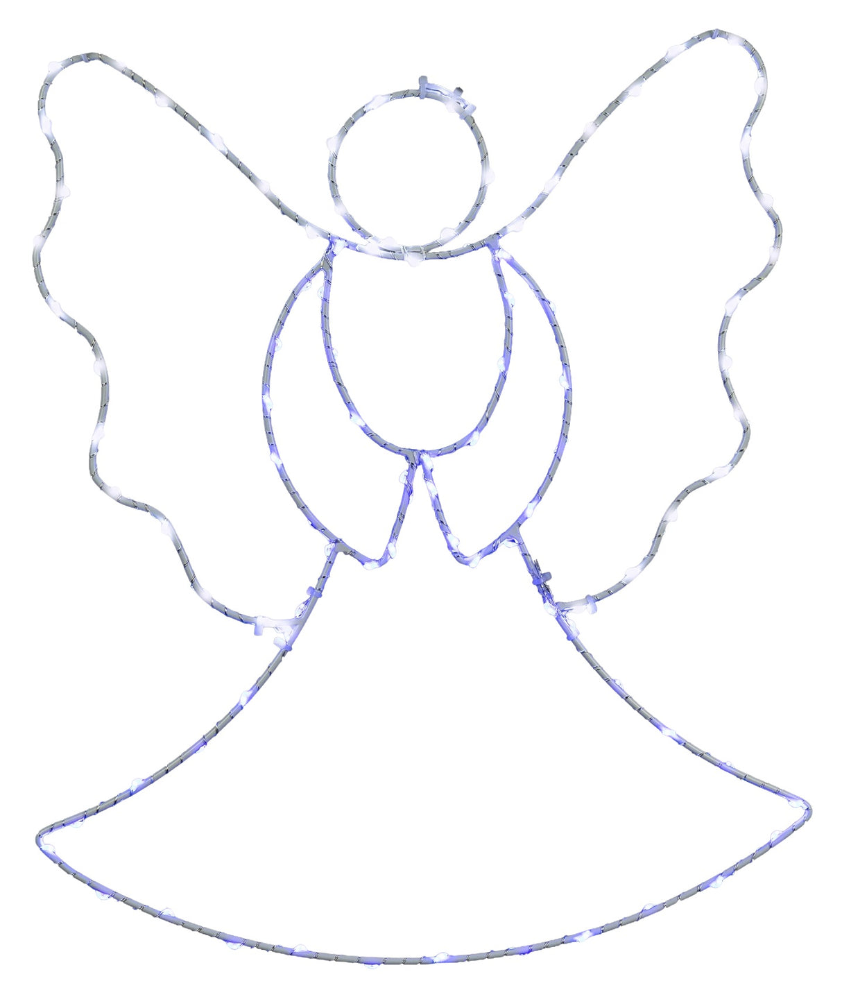 This image shows the angel silhouette decoration on a white background. The wire is white and the lights are blue and white.