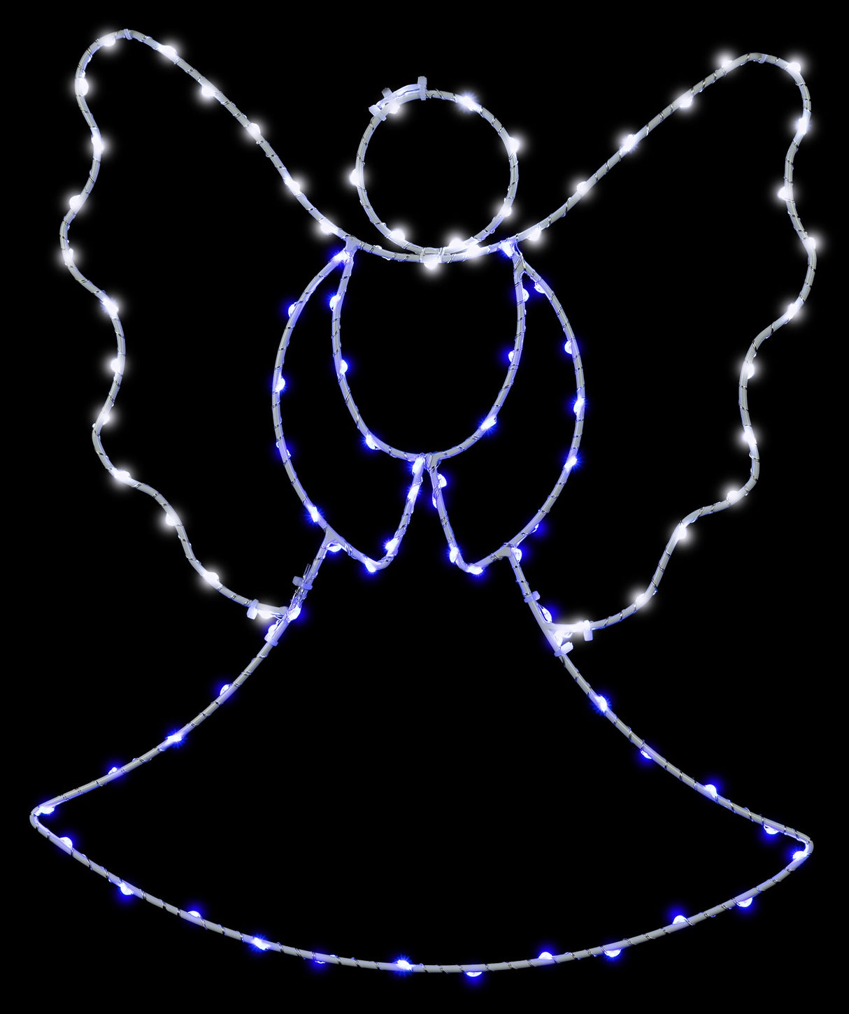 This image shows the angel silhouette decoration on a black background. The wire is white and the lights are blue and white.