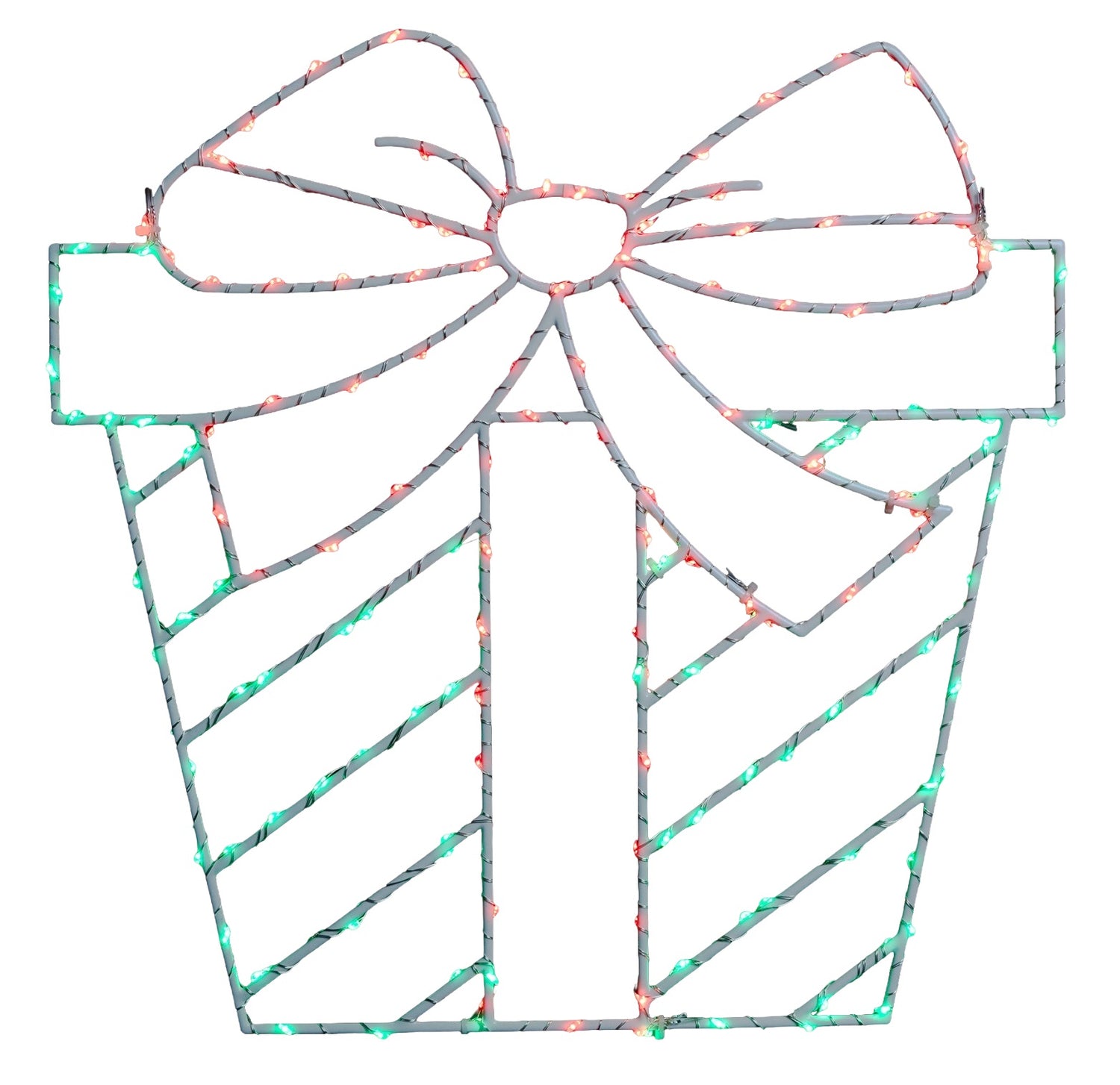 This image shows a present silhouette decoration on a white background. The wire is white and the lights are red and green.