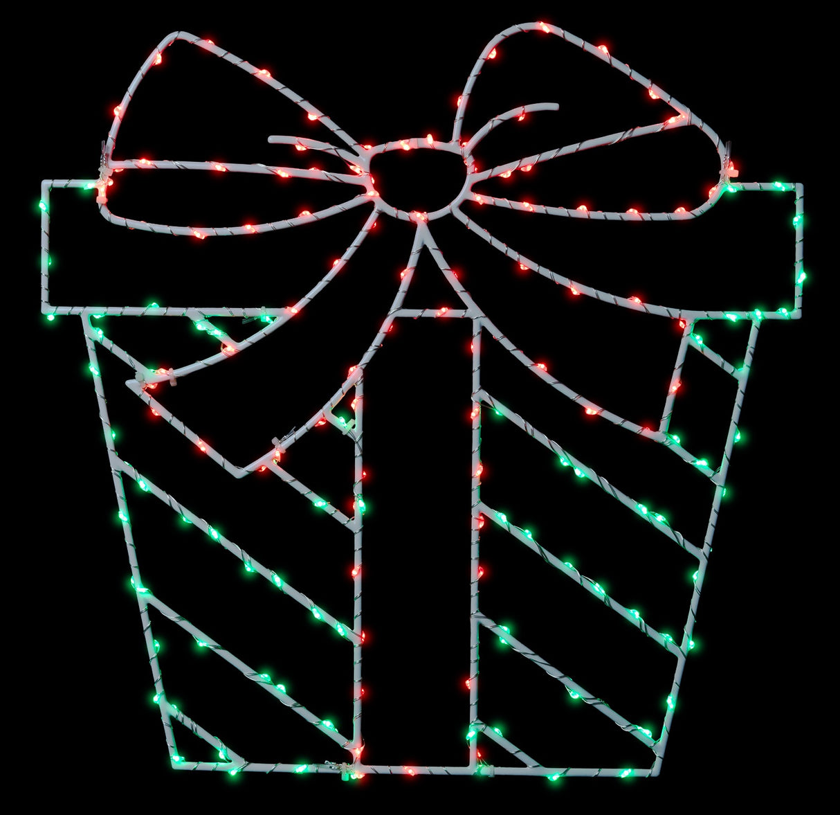 This image shows a present silhouette decoration on a black background. The wire is white and the lights are red and green.