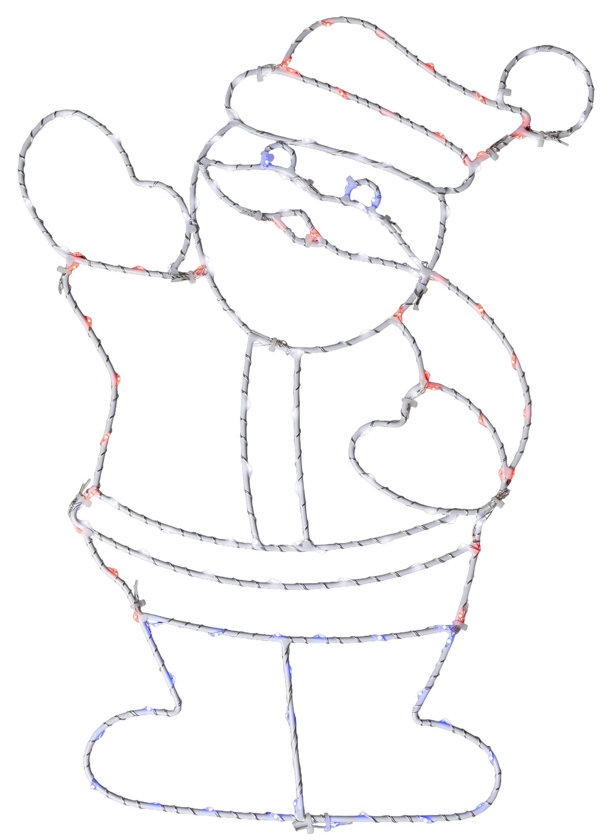 This image shows the Santa silhouette decoration on a white background. The wire is white and the lights are red, blue and white.