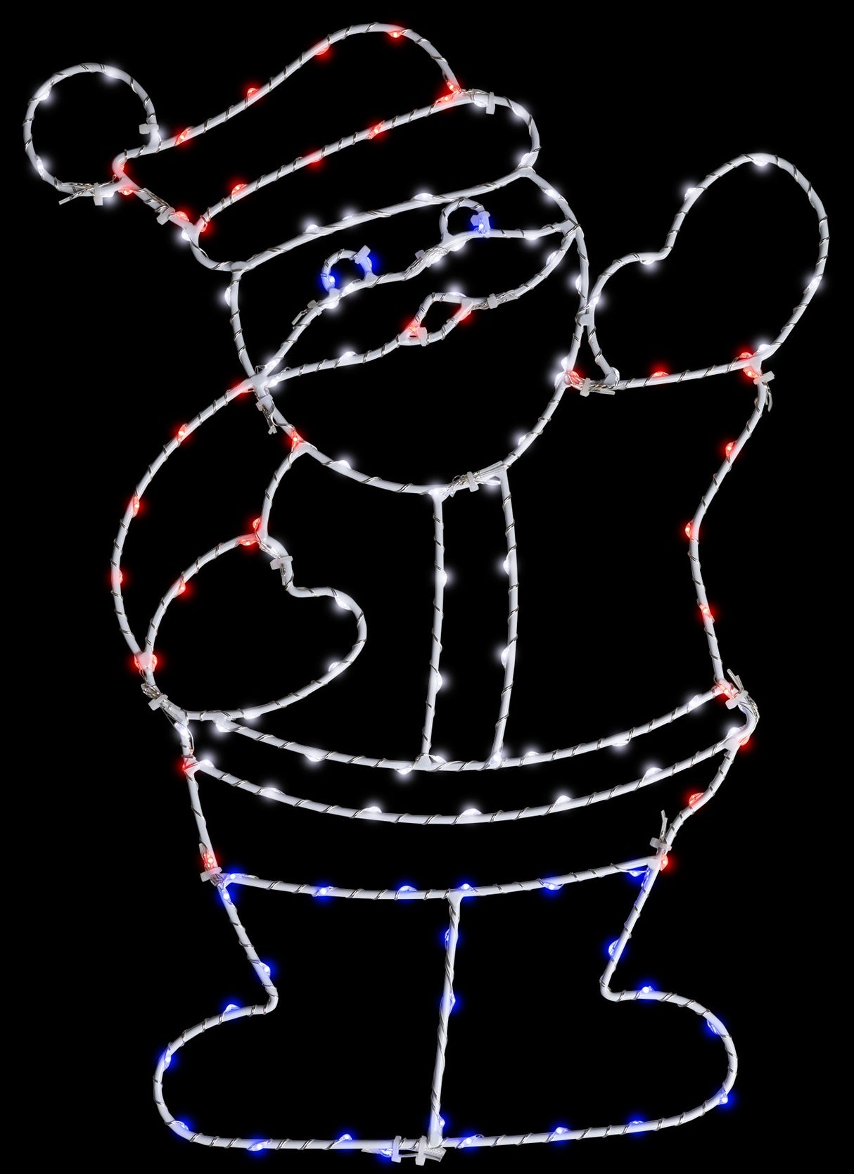 This image shows the Santa silhouette decoration on a black background. The wire is white and the lights are red, blue and white.