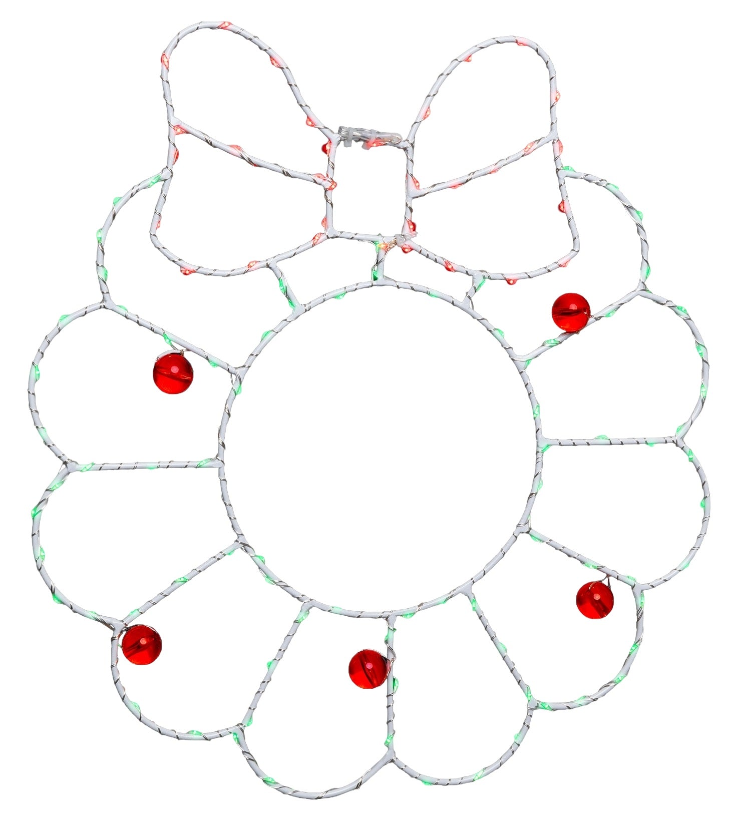 This image shows the wreath silhouette decoration on a white background. The wire is white and the lights are red and green.
