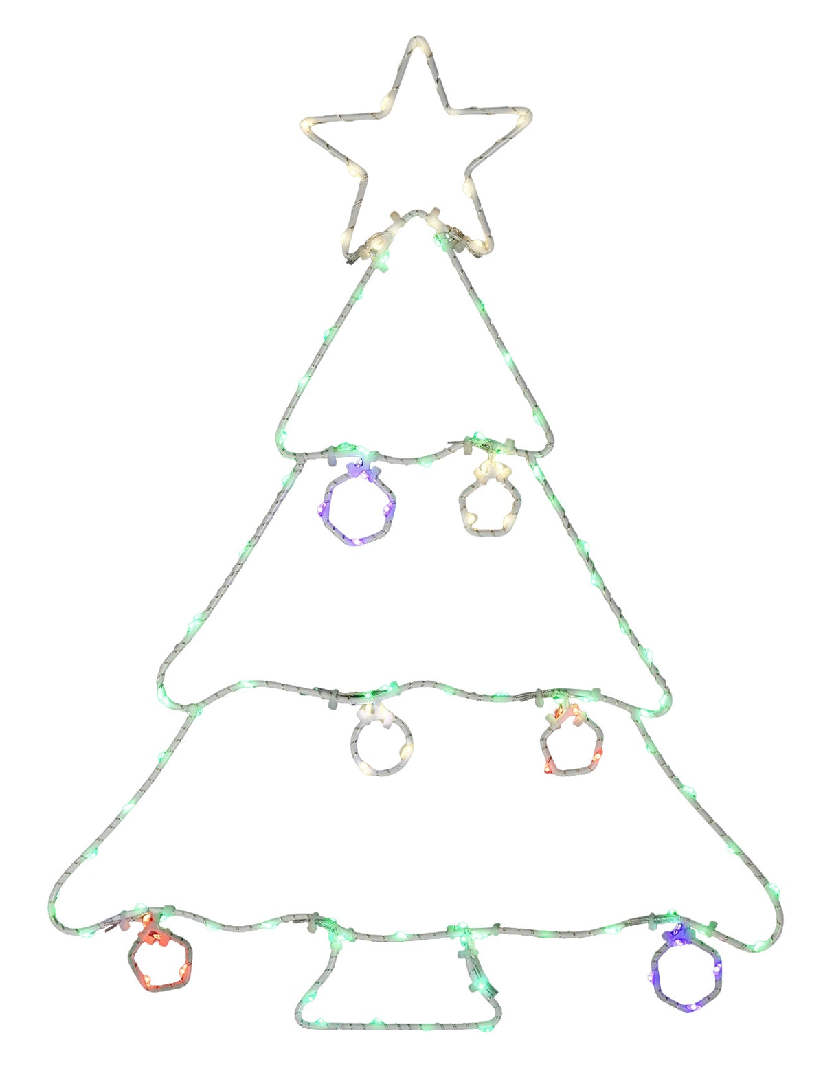 This image shows a Christmas tree silhouette decoration on a white background. The wire is white and the lights are Warm White, Green, Red, Purple and Orange.