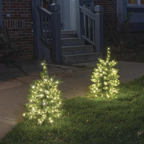 This is a lifestyle image showing the tree pre-lit artificial trees lining a pathway near a front door.