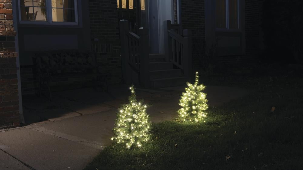 This is a lifestyle image showing the tree pre-lit artificial trees lining a pathway near a front door.