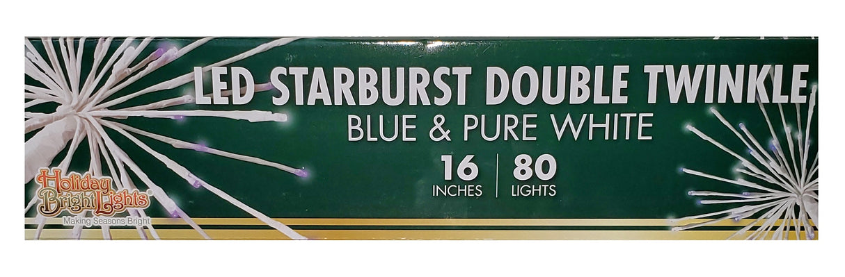 This image shows the box that this light burst comes in. It reads "LED Starburst Double Twinkle. Blue & Pure White. 16 inches. 80 lights."