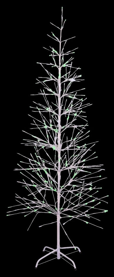This image shows the 6.5 ft. fake birch tree featuring pure white and green colored lights. This is showing it on a black background.