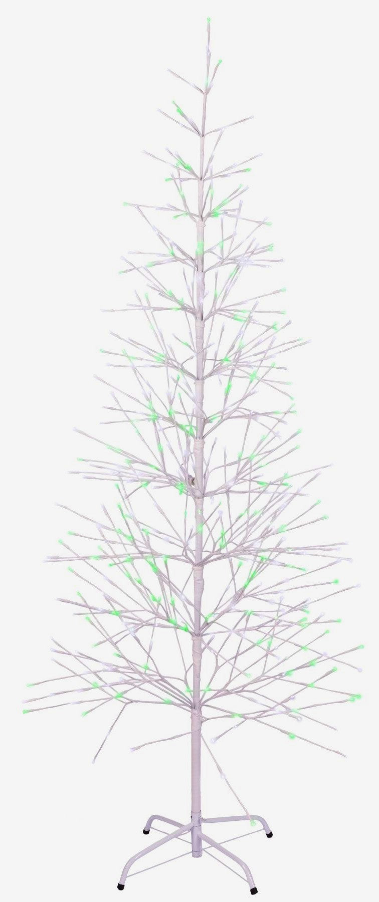 This image shows the 6.5 ft. fake birch tree featuring pure white and green colored lights. This is showing it on a white background.