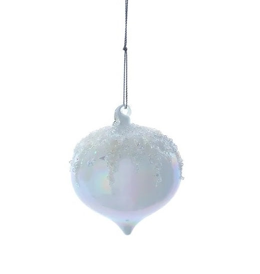 This image shows the onion-shaped, glass white ornament with clear glitter up on the top.