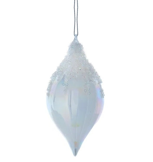 This image shows the finial-shaped, glass white ornament with clear glitter up on the top.